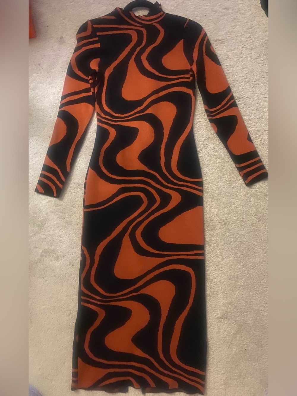 Fashion Nova Orange & Black Swirl Long Sleeve Midi Dress